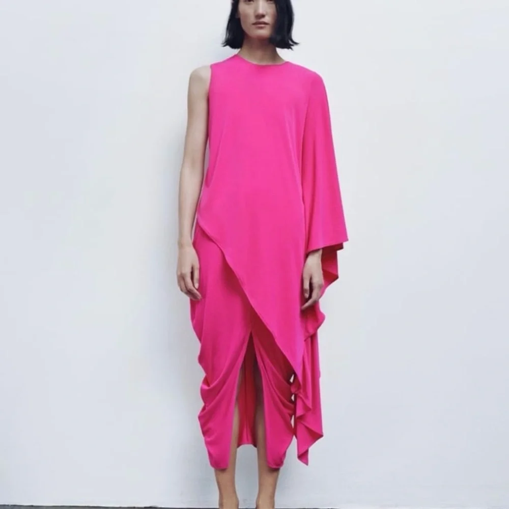 New Zara 2 Piece Fuchsia Pink Asymmetric Top and Draped Midi Skirt Small